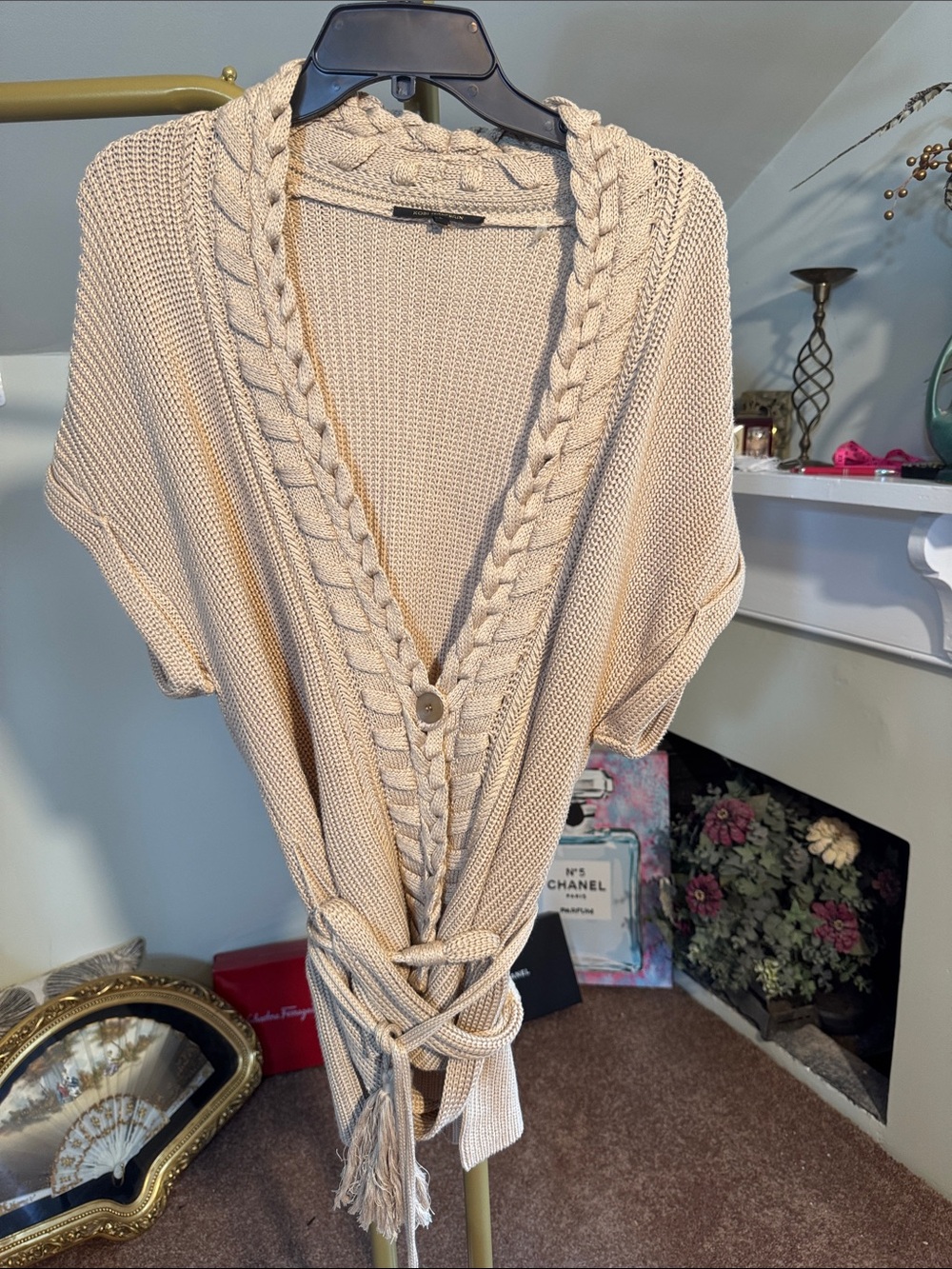 Kobi Halperin Great Used Condition Cream Braided-Trim Knit Cardigan with Belt